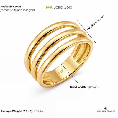 Product info graphic for 14K gold triple band ring, showing stones, available colors, band width, height, width, average