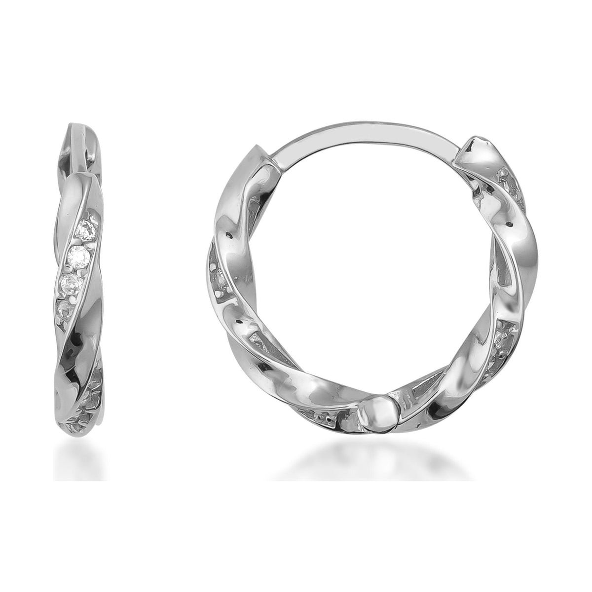 14K white gold twisted hoop earrings with small embedded cubic zirconia, displayed on white background
