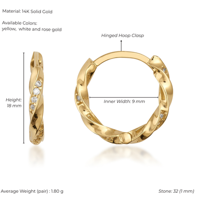 Gold hoop earrings with hinged clasp, material details, and measurements on a white background.