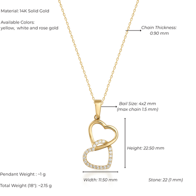 Gold necklace with heart pendant and measurement details on a white background