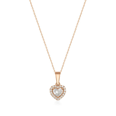 14K gold necklace with a heart-shaped cubic zirconia and halo pendant on a fine chain
