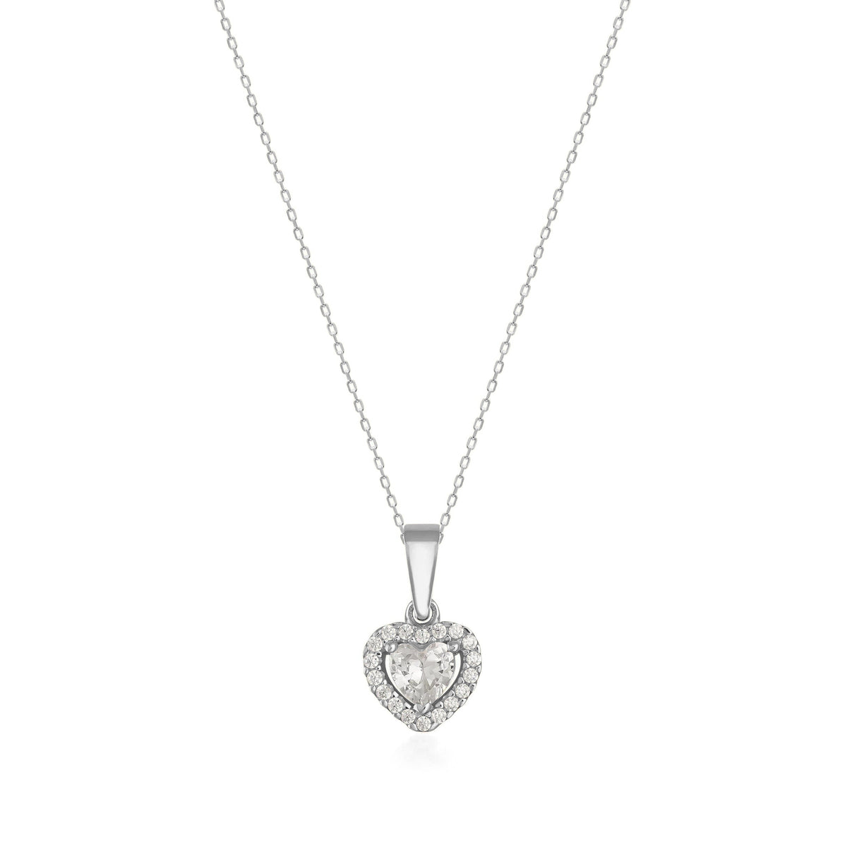 Heart-shaped cubic zirconia pendant necklace with halo setting on a delicate 14K gold chain