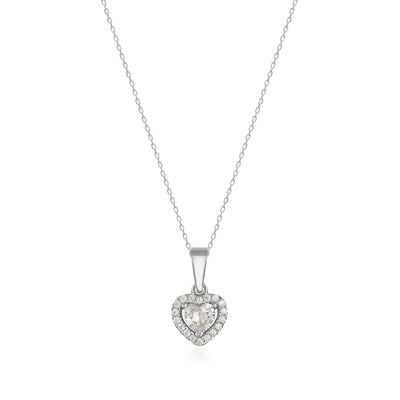 Heart-shaped cubic zirconia pendant necklace with halo setting on a delicate 14K gold chain