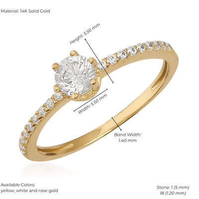 14K Solid Gold Vintage-Inspired Engagement Ring – Round Center Stone with Half-Set Accent Zirconia for Proposal & Wedding
