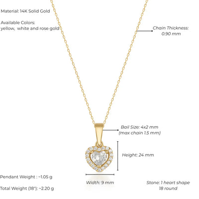 Gold necklace with heart-shaped pendant and measurement details on a white background