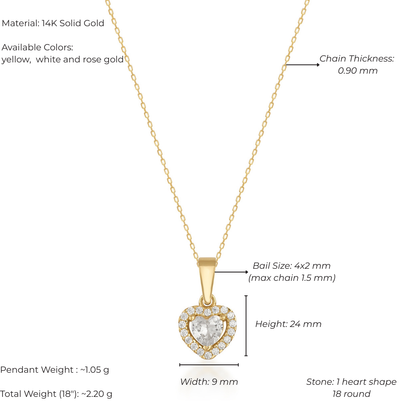 Gold necklace with heart-shaped pendant and measurement details on a white background