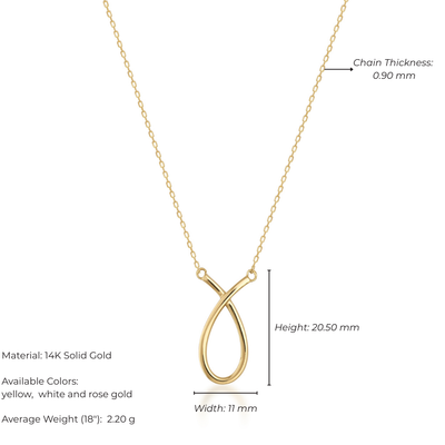 Gold necklace with pendant and measurement details on a white background