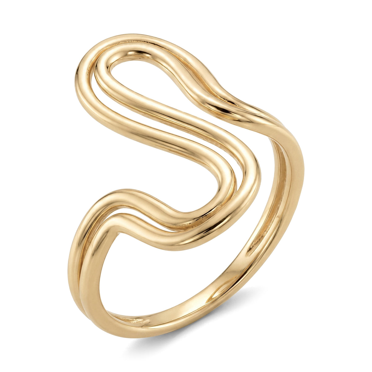 14K yellow gold wave ring, a double line of gold bent into an open S-shaped wave, on white