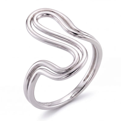 14K white gold wave ring with an open S-shaped double-line wave, on white
