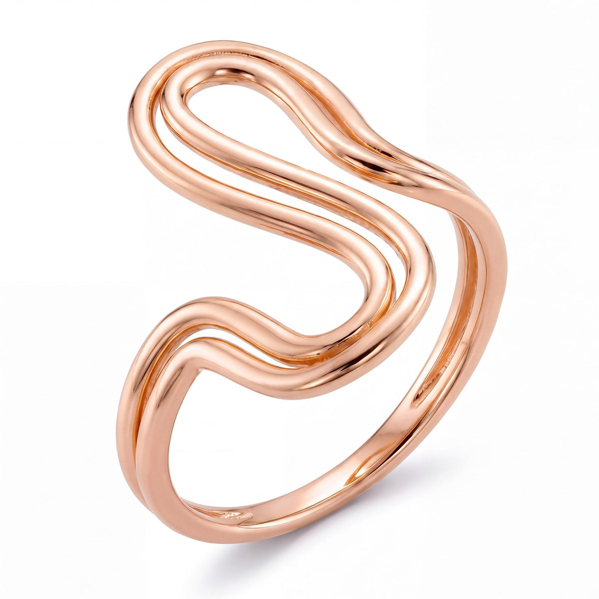 14K rose gold wave ring with an open S-shaped double-line wave, on white