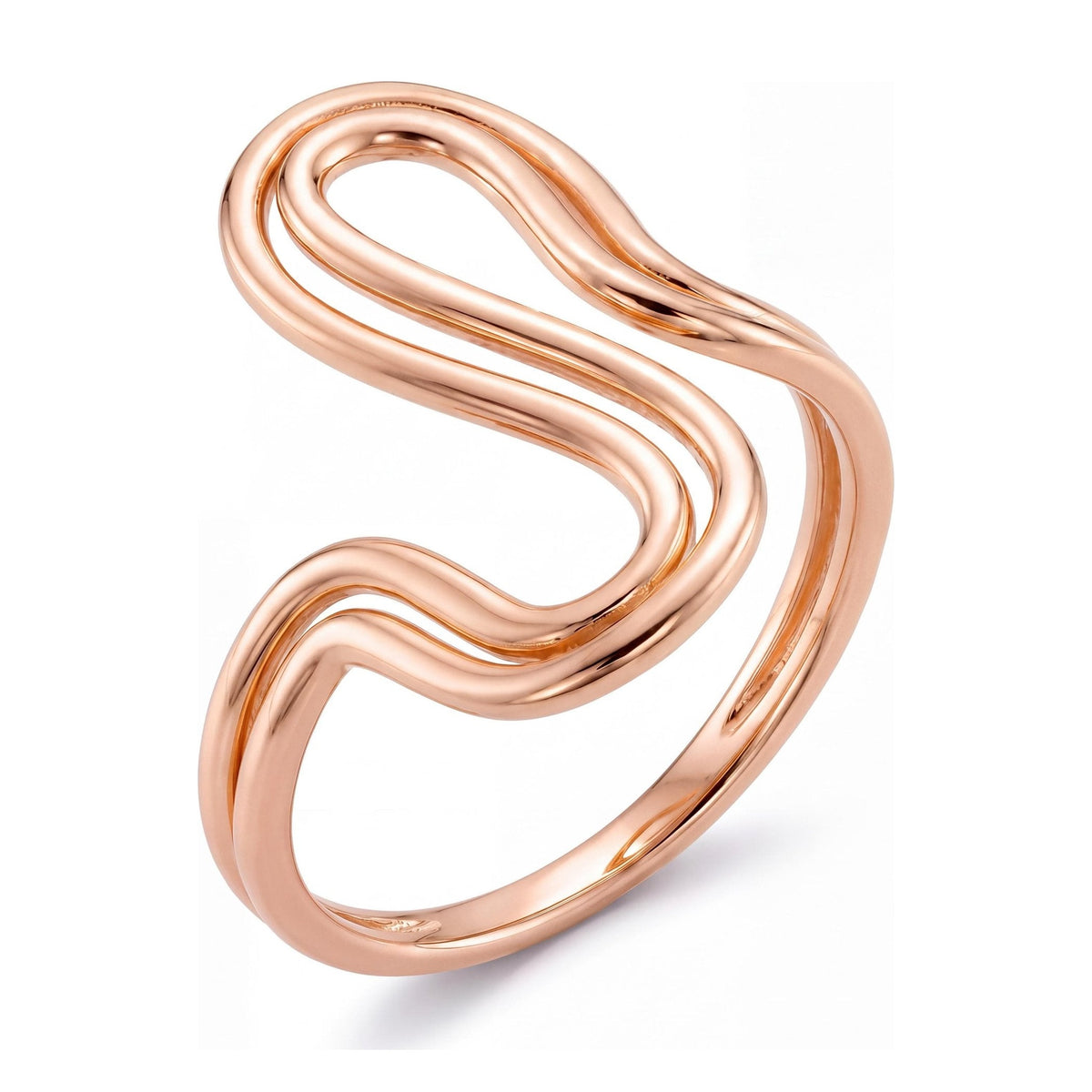 14K rose gold wave ring with an open S-shaped double-line wave, on white