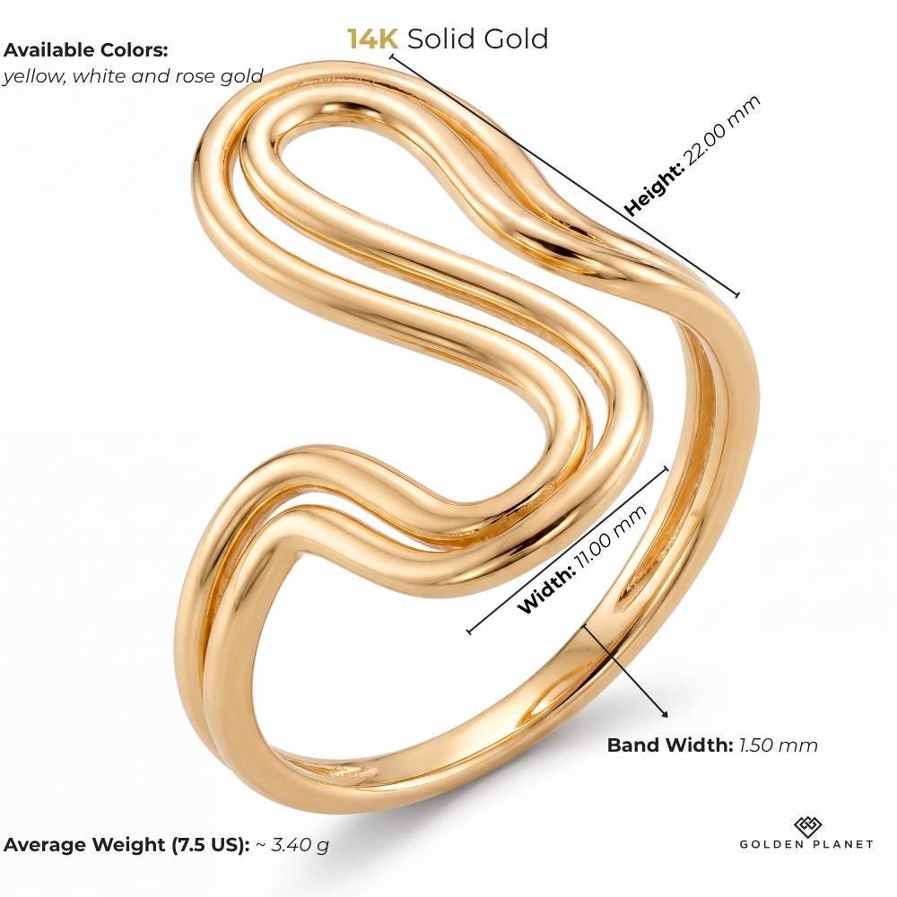 Size chart for the 14K gold wave ring showing wave height, width, band width and average weight