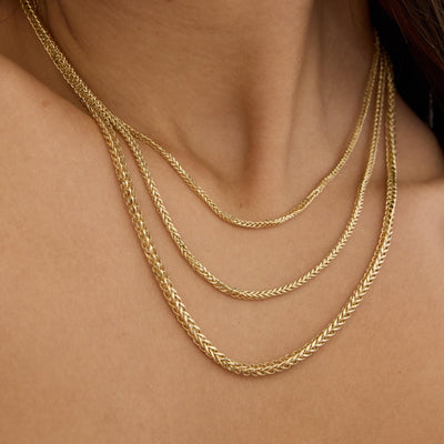 14K gold wheat chain necklace, styled view