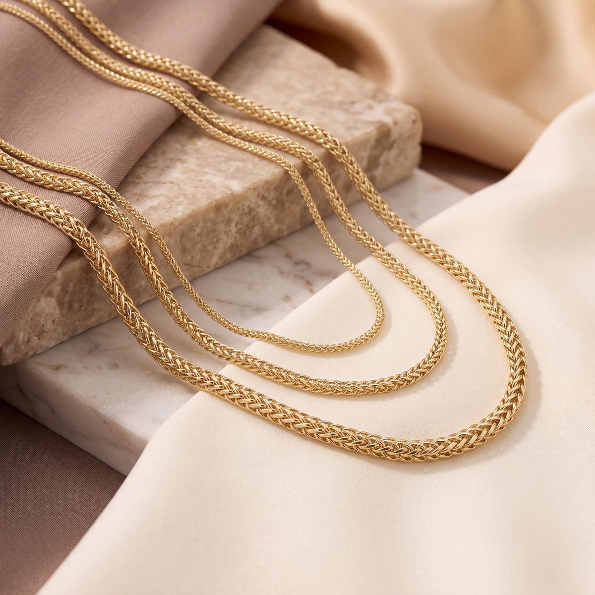 14K gold wheat chain necklace, styled view