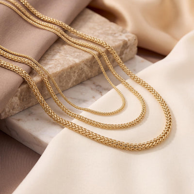 14K gold wheat chain necklace, styled view