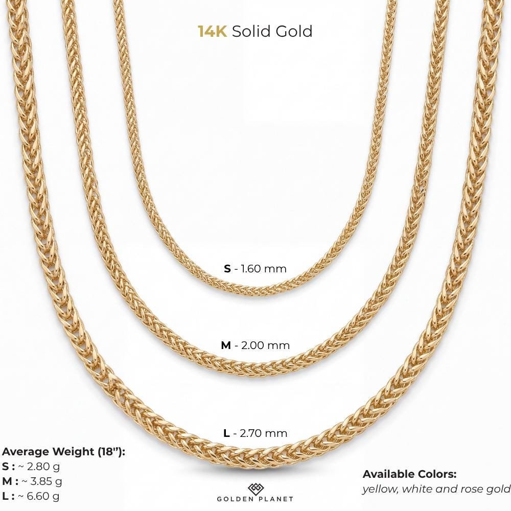 Size chart for the 14K gold wheat chain necklace showing size and weight