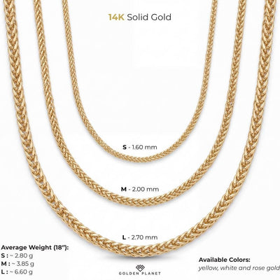 Size chart for the 14K gold wheat chain necklace showing size and weight