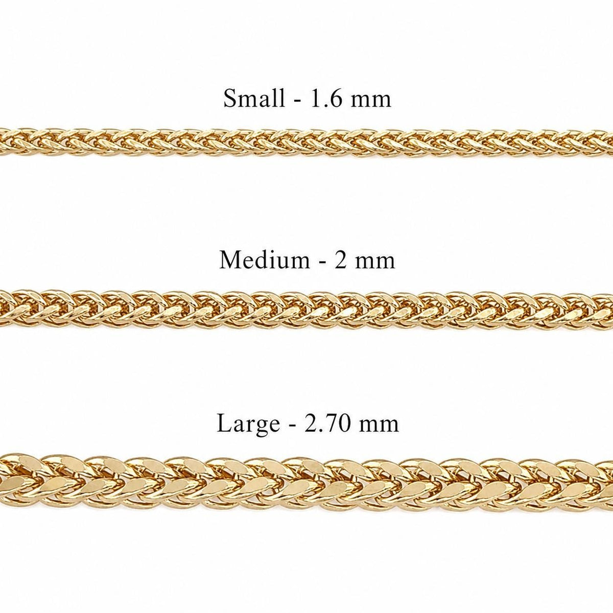 Size chart for the 14K gold wheat chain necklace showing size and weight