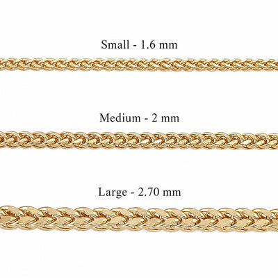 Size chart for the 14K gold wheat chain necklace showing size and weight