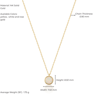 Gold necklace with pendant on a white background, showing material, color options, chain thickness, and dimensions.