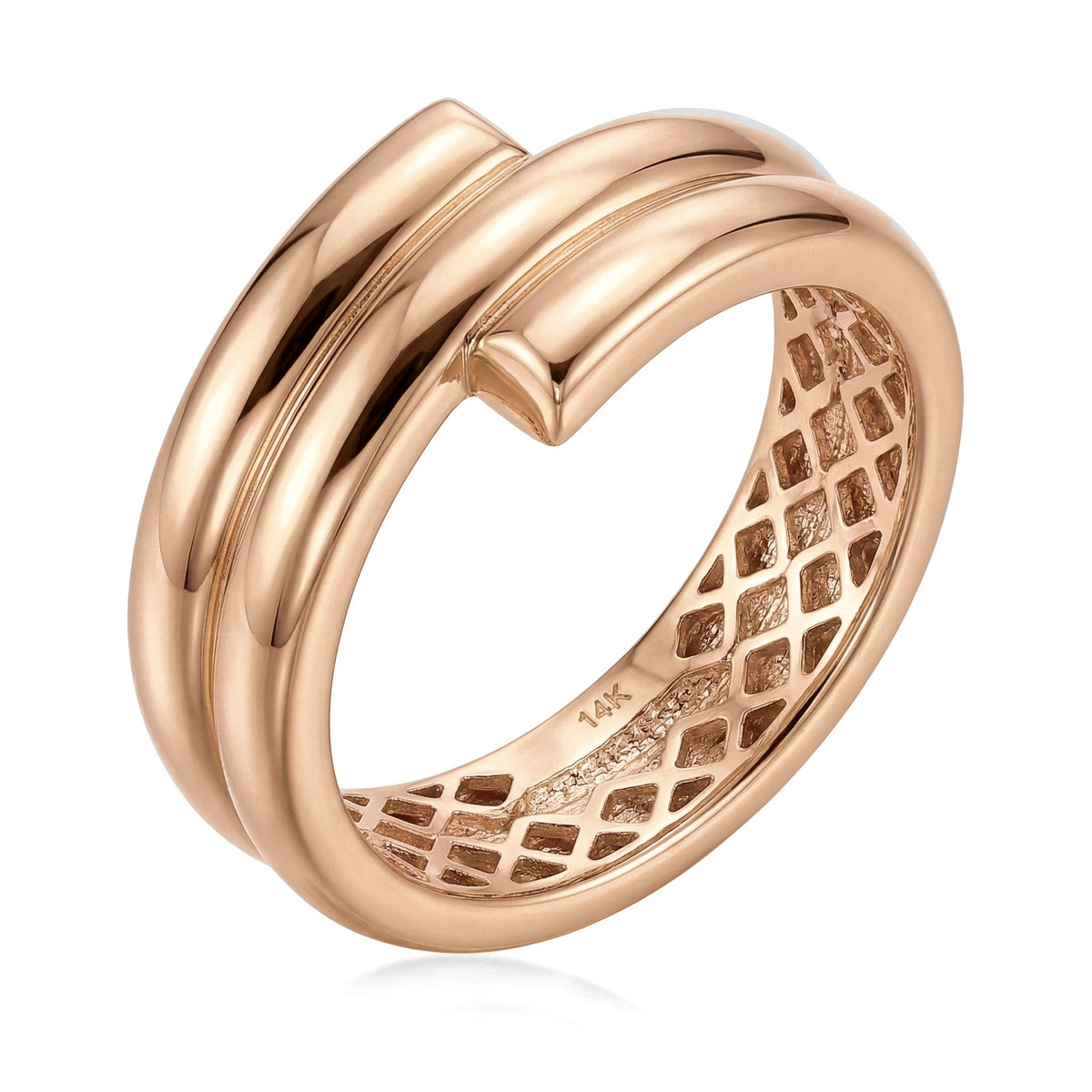 14K rose gold wide band ring, three-row wrap design with overlapping ends and a lattice interior, on white