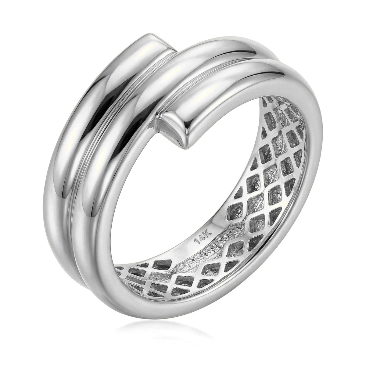 14K white gold wide band ring, three-row wrap design with overlapping ends and a lattice interior, on white