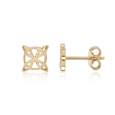 Yellow 14K gold witch knot stud earrings, front and side view with post and butterfly back, second angle
