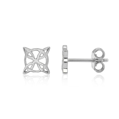 White 14K gold witch knot stud earrings, front view and side view showing post and butterfly back