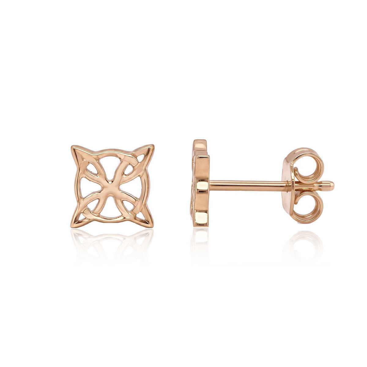 Rose 14K gold witch knot stud earrings, front view and side view showing post and butterfly back