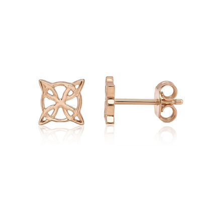 Rose 14K gold witch knot stud earrings, front view and side view showing post and butterfly back