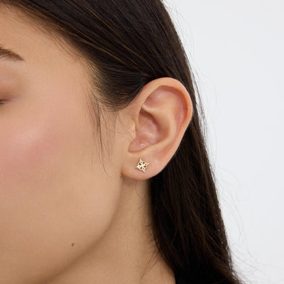 14K gold witch knot stud earring worn in an ear, close side view with dark hair