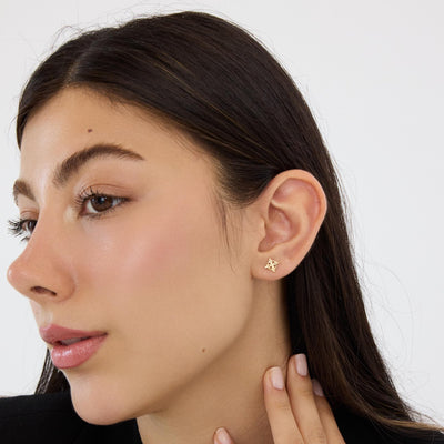 14K gold witch knot stud earring worn in the ear, model in profile with fingers at her neck