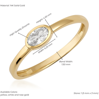 14K Solid Gold Oval Vintage Ring with Lab-Created Zircon – Fine Gold Gift Ring, Anniversary & Engagement