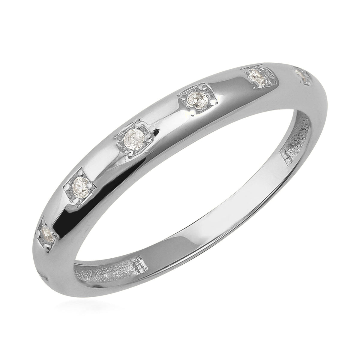 14K white gold band ring with evenly spaced round cubic zirconia on a white background
